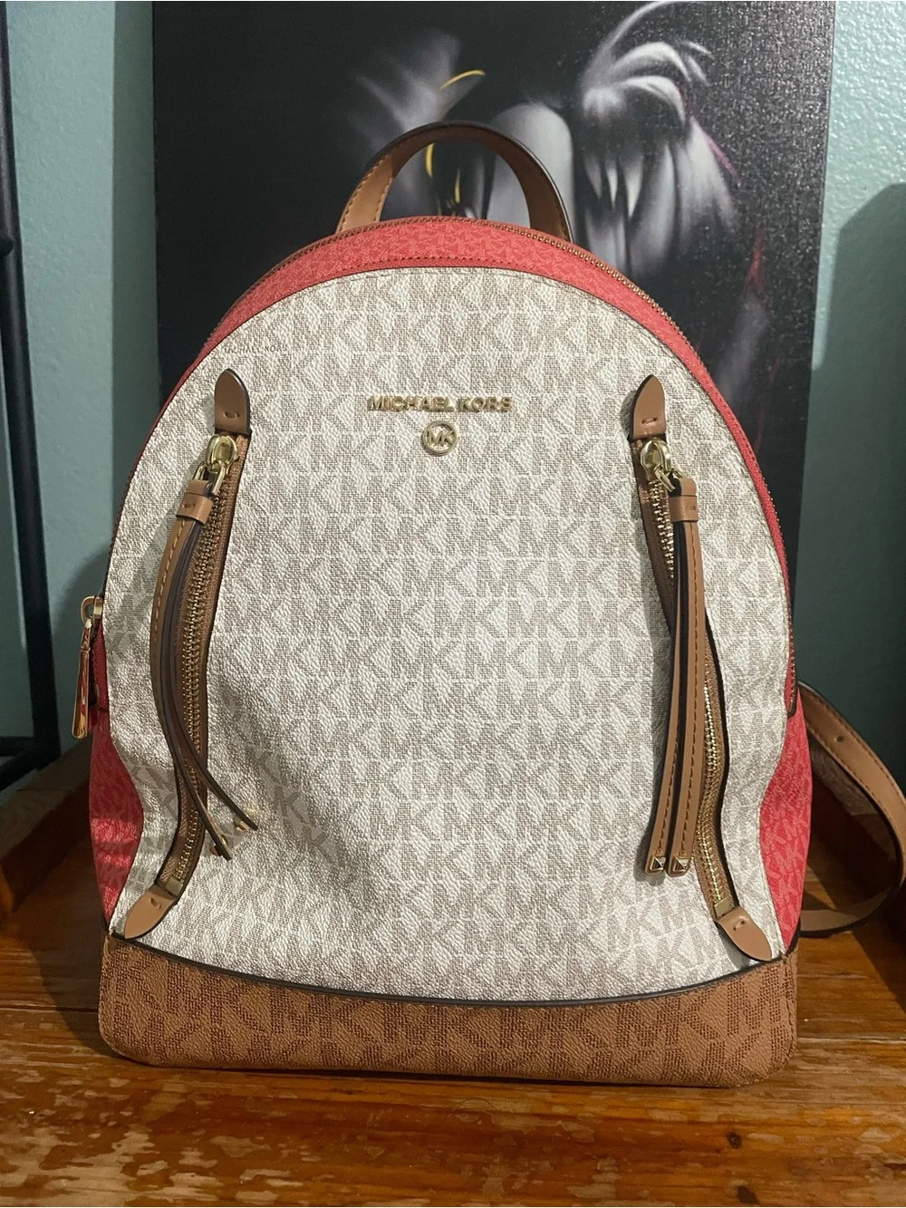 Michael Kors Cream, Red and Brown Signature Logo Backpack